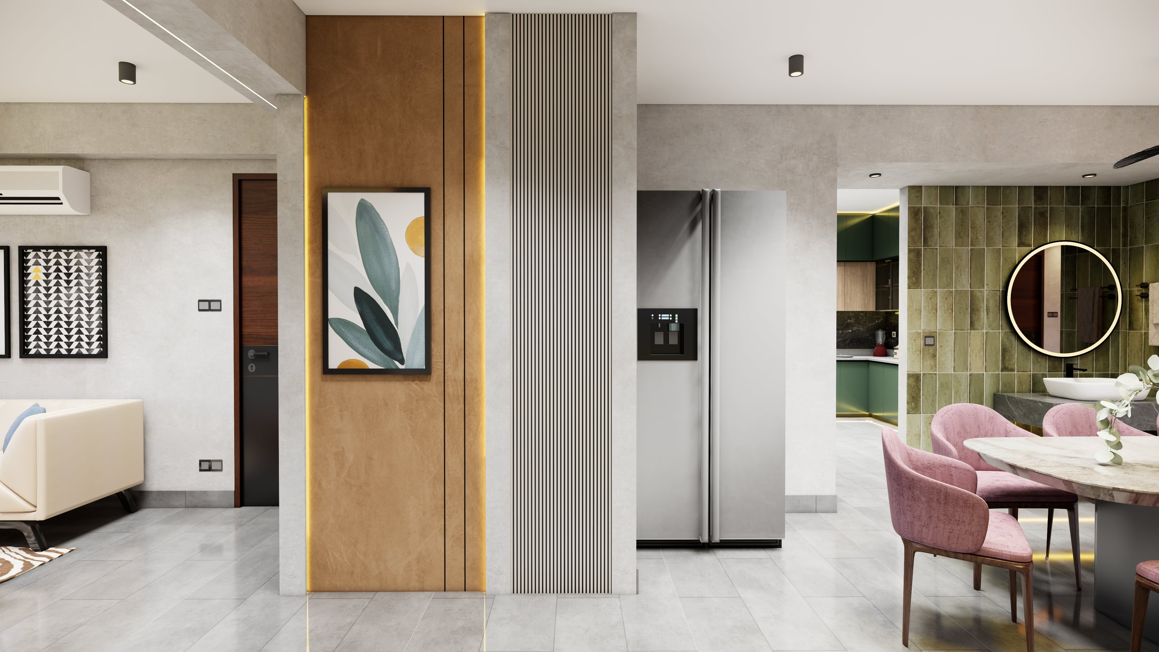 Dolce Casa living room render with full-height windows and composed furnishings
